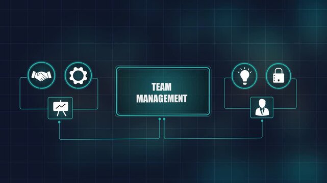 Team management concept with corporate business icons on grid background, leadership structure organization, professional workflow video.