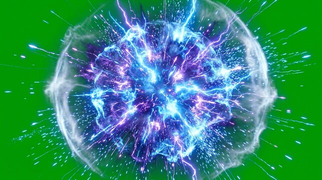 Futuristic energy explosion VFX, glowing blue and purple energy burst, electric particles flying outward, powerful shockwave effect, sci-fi explosion animation style, isolated on pure green screen bac