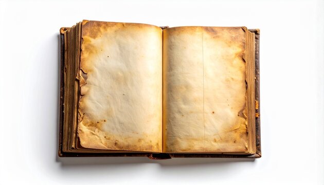 Top of view macro of an ancient open book, blank yellowed parchment pages, stained and deck