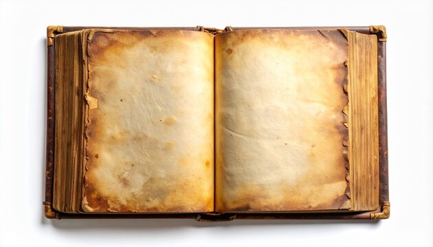 Top of view macro of an ancient open book, blank yellowed parchment pages, stained and deck