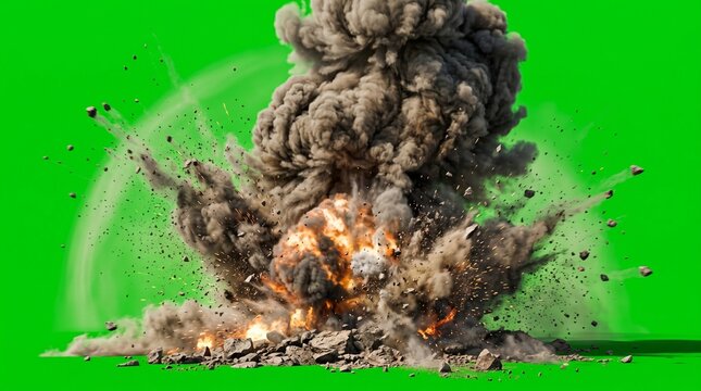 Realistic ground impact explosion VFX, large dust cloud burst, debris particles scattering, heavy cinematic impact smoke, dramatic shockwave effect, isolated on bright green screen background