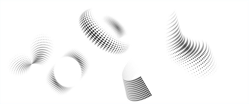 Halftone gradient circles collection. Dots textured round patterns. Cartoon comic radial faded background set. Abstract pixelated elements for frame, poster, collage, banner, flyer. Vector bundle