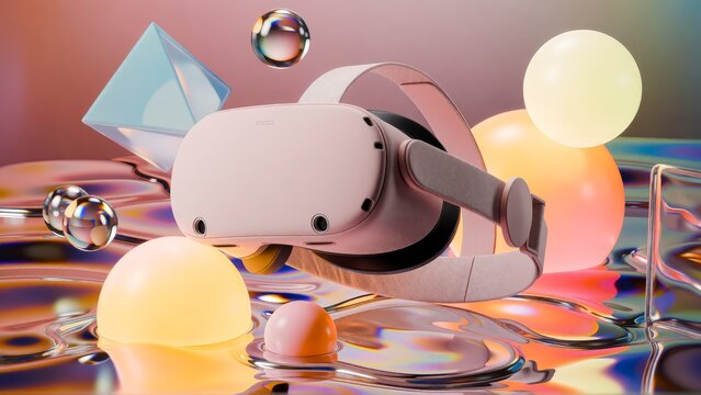 VR headset with abstract geometric shapes. Virtual reality gear for immersive gaming tech.