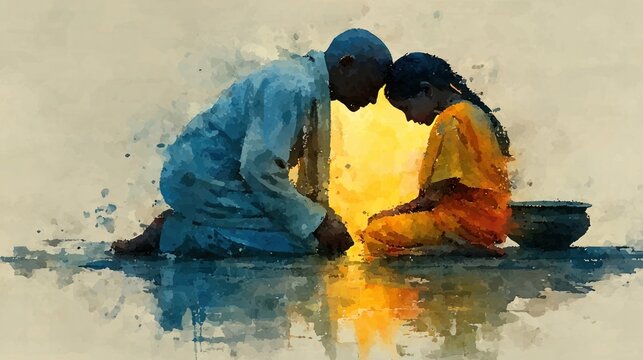 Watercolor-style image of guru blessing a disciple during Guru Purnima
