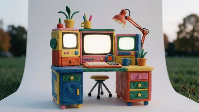 Claymation style computer desk setup. Miniature colorful workspace with retro monitors.