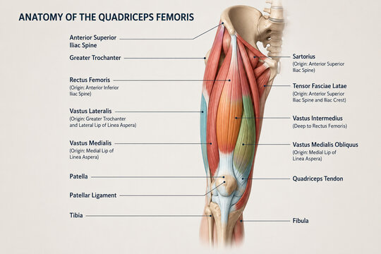 AI generated detailed quadriceps femoris anatomy diagram showing rectus femoris vastus muscles patella tendons femur tibia hip structures for medical education clinical reference