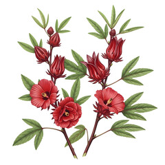 Fototapeta premium vintage botanical drawing of red roselle hibiscus flowers and leaves
