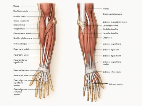 AI generated detailed medical illustration of forearm muscle anatomy showing flexor extensor tendons nerves arteries hand structures for education clinical reference
