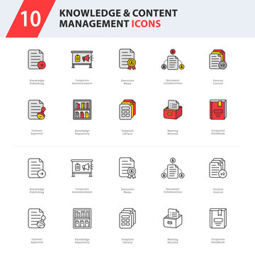 knowledge and content management icon collection featuring publishing, collaboration, document governance, repositories, templates, and corporate documentation.
