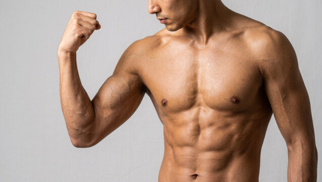 Muscular man flexing his arm to show biceps and defined abdominal muscles on a generated using ai