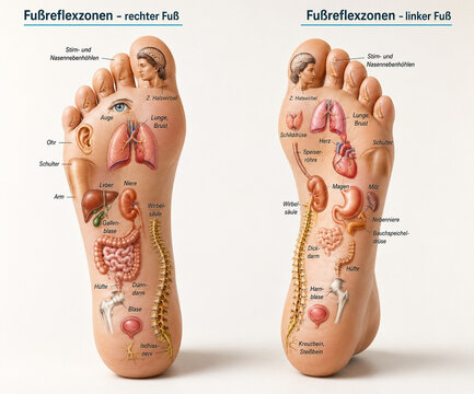 AI generated foot reflexology zone chart mapped pressure points internal organs for wellness education holistic therapy healthcare learning reference