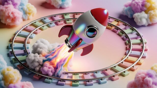 Toy rocket ship launching on circular tracks. Colorful space exploration concept for kids.