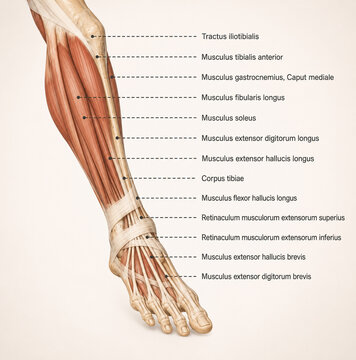 AI generated lower leg muscle anatomy diagram labeled muscles tendons foot structures for medical education healthcare learning scientific reference