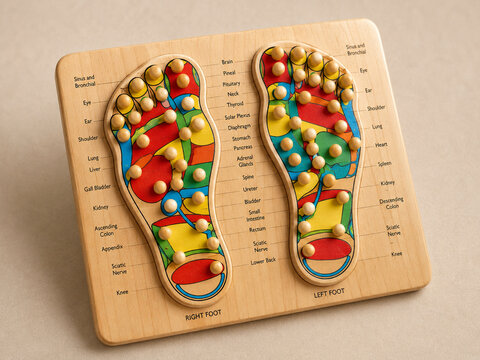 AI generated wooden foot reflexology massage board colorful pressure zones labeled organ mapping for wellness therapy education holistic healthcare reference