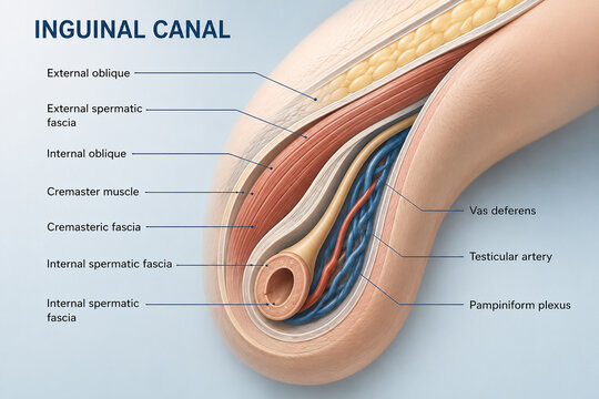 AI generated medical illustration of inguinal canal anatomy labeled spermatic cord fascia muscles vessels cross section educational healthcare infographic for anatomy training