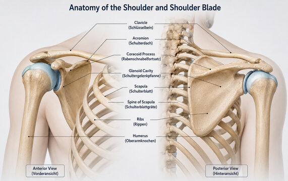 AI generated shoulder blade anatomy illustration labeled scapula clavicle humerus glenoid acromion for medical education healthcare training scientific reference