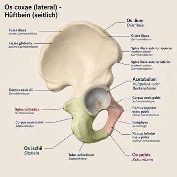 AI generated lateral hip bone anatomy illustration labeled pelvic structures acetabulum landmarks for medical education healthcare training scientific reference