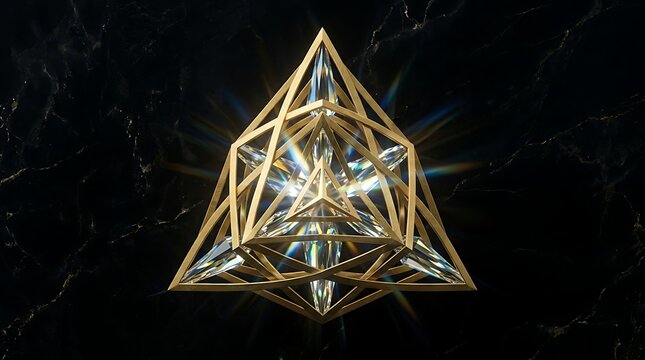 Intricate geometric golden pyramid structure featuring brilliant prismatic crystal facets glowing with intense light against a dark textured marble background