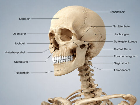 AI generated human skull anatomy illustration labeled cranial bones sutures jaw cervical vertebrae for medical education healthcare training scientific reference