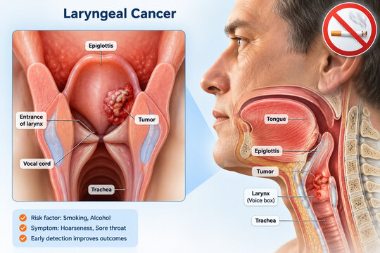AI generated medical illustration of laryngeal cancer anatomy showing tumor epiglottis vocal cords trachea throat structures for education healthcare clinical reference