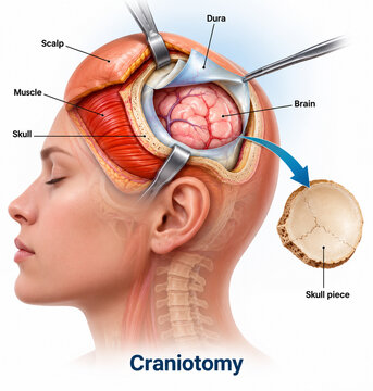 AI generated medical illustration of craniotomy procedure showing scalp skull dura brain removable skull flap for neurosurgery education healthcare anatomy reference
