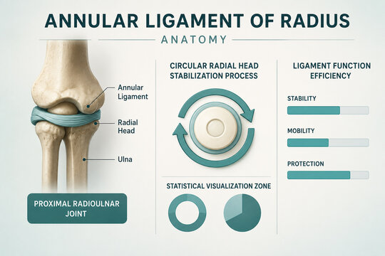 AI generated medical infographic of annular ligament of radius anatomy showing elbow joint radial head ulna stabilization ligament function orthopedic education reference