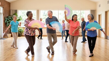 Obraz premium Seniors engaged in a lively fan dance class, promoting joy and community in a vibrant studio setting.