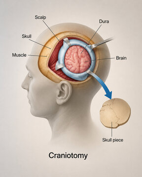 AI generated medical illustration of craniotomy procedure showing scalp skull dura brain removable skull flap for neurosurgery education healthcare anatomy reference