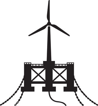 Offshore Floating Wind Turbine Platform with Anchoring System, Renewable Energy Infrastructure, Marine Engineering Silhouette Vector Illustration for Sustainable Power Generation