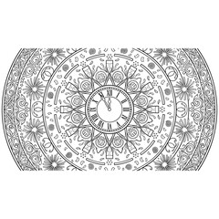 Naklejka premium Intricate black and white mandala design featuring a clock face, champagne glasses, gears, and fireworks, isolated on white.