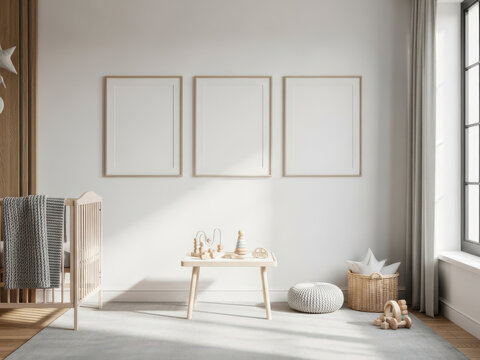 A Minimalist Nursery Room Featuring Three Empty Picture Frames And Wooden Toys