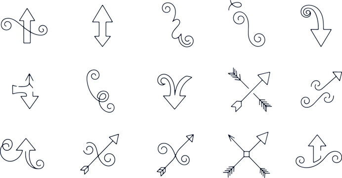 Hand drawn decorative swirl arrow collection with creative curly lines and whimsical artistic style vector.