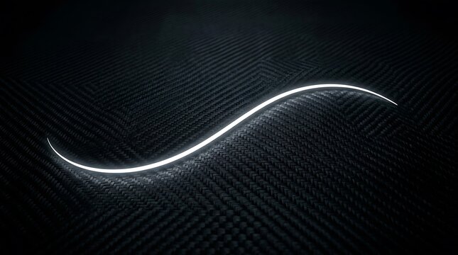 Dark carbon fiber weave background, with a single, glowing white curved, light trail sweeping, across the textured, woven composite surface