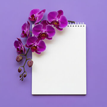 A blank spiral notebook decorated with vibrant purple orchids on purple background