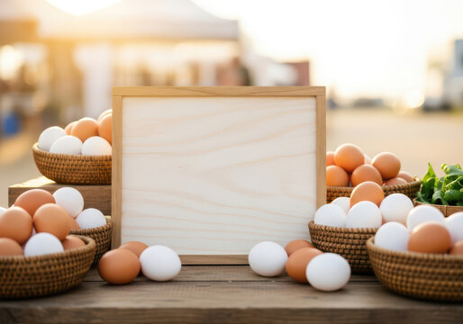 A Rustic Wooden Sign Surrounded By Fresh Organic Eggs At A Market