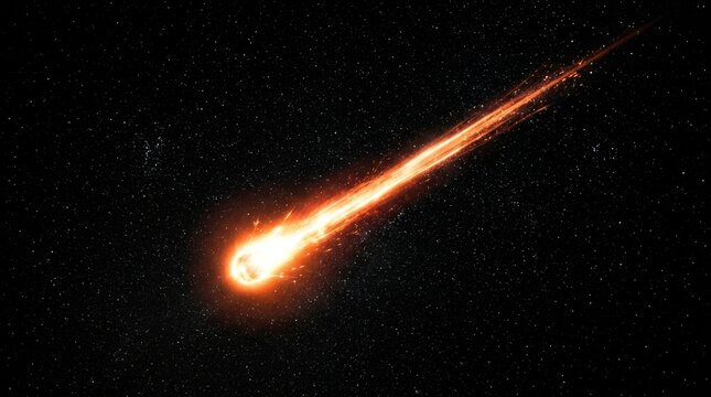 A blazing meteor streaking across deep space with a glowing head and fiery spark trail