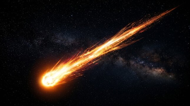 A blazing meteor streaking across deep space with a glowing head and fiery spark trail