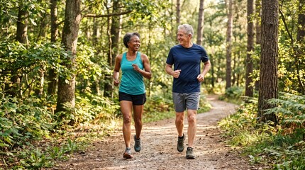 Fototapeta premium Two joggers enjoy a lively run through a sunlit forest path, embracing health and nature together.