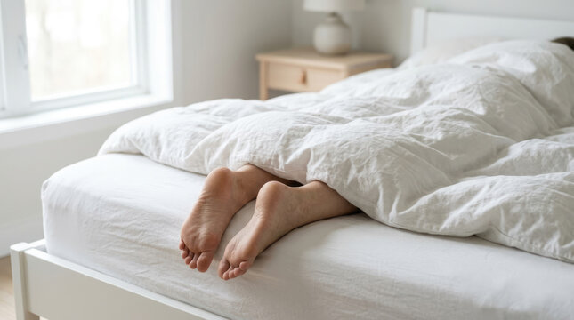 Close-up of human feet sticking out from under soft white bedding in a bright bedroom, depicting a serene morning