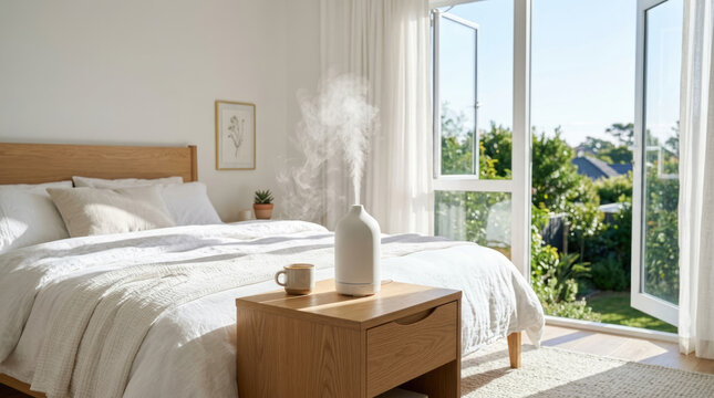 White ceramic diffuser emitting steam in a bright airy bedroom, promoting home wellness and morning relaxation