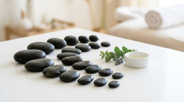 Black basalt spa stones with eucalyptus and oil on a white table in a bright salon for relaxation therapy