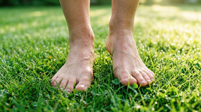 Bare feet standing on wet green grass with morning dew in a sunny garden, concept of grounding and wellness