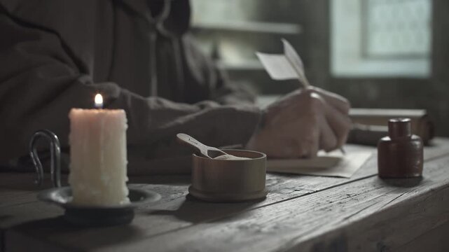 Wooden pounce pot and a small sand scoop on a rustic table against a blurred background of a medieval monastic scribe writing on parchment with a quill pen