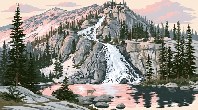 A majestic mountain landscape features a powerful waterfall cascading into a serene lake where a deer drinks.