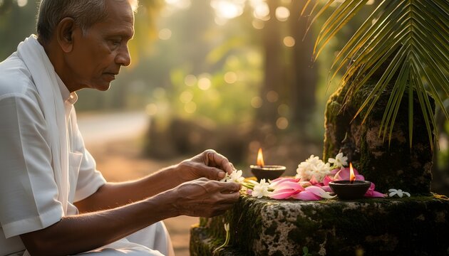 An old man offering flowers at a small roadside shrine with oil lamps during poson poya festival in sri lanka for spiritual devotion and worship concept