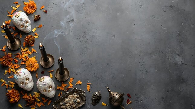 Painted sugar skulls surrounded by bright orange marigold flowers and burning black candles on a textured dark grey concrete background