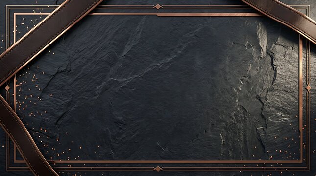 Elegant black stone texture background featuring luxurious rose gold metallic frames and dark brown leather ribbons for a sophisticated design project