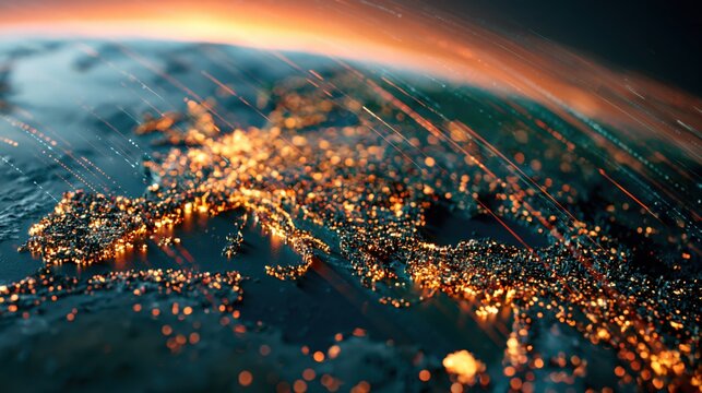 Glowing lights illuminate a planets surface from space.
