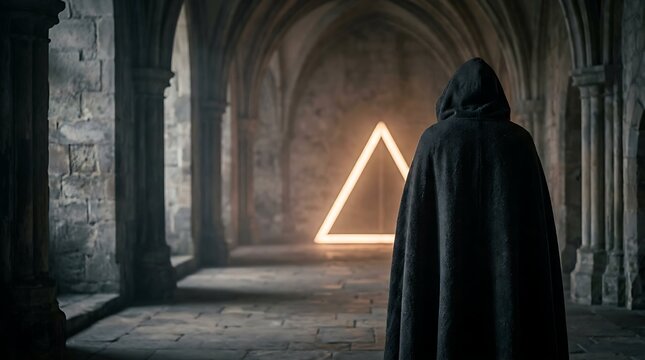 Mysterious cloaked figure standing in a dark stone hallway facing a glowing orange triangle light inside a gothic arched chamber