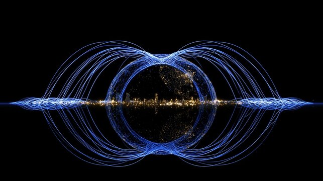 Glowing lines of light swirl around a miniature illuminated planet.